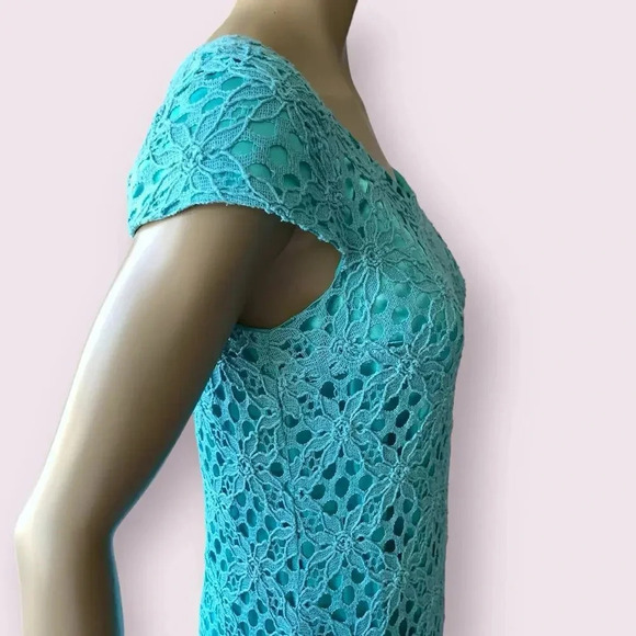 JAX Cap Sleeves Eyelet Crocheted Lace Shift Dress Pleated Hem Size 12 Teal Retro - Picture 9 of 16